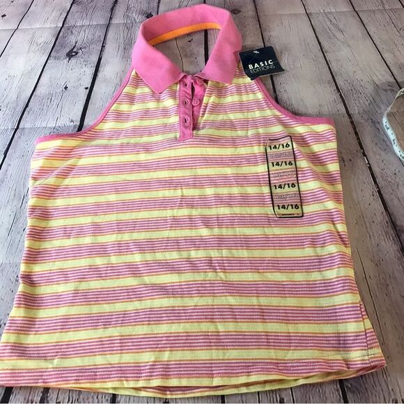NWT Basic Edition Pink Yellow Striped Polo Halter Top Size 14/16 - Picture 1 of 5